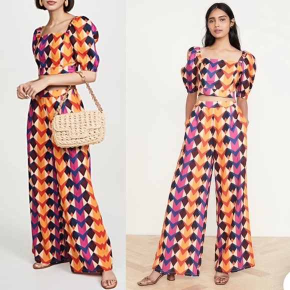 FARM RIO 2 PIECE SET Lindeza Graphica Matching Puff Sleeve Top Wide Leg Bottoms - Picture 1 of 12